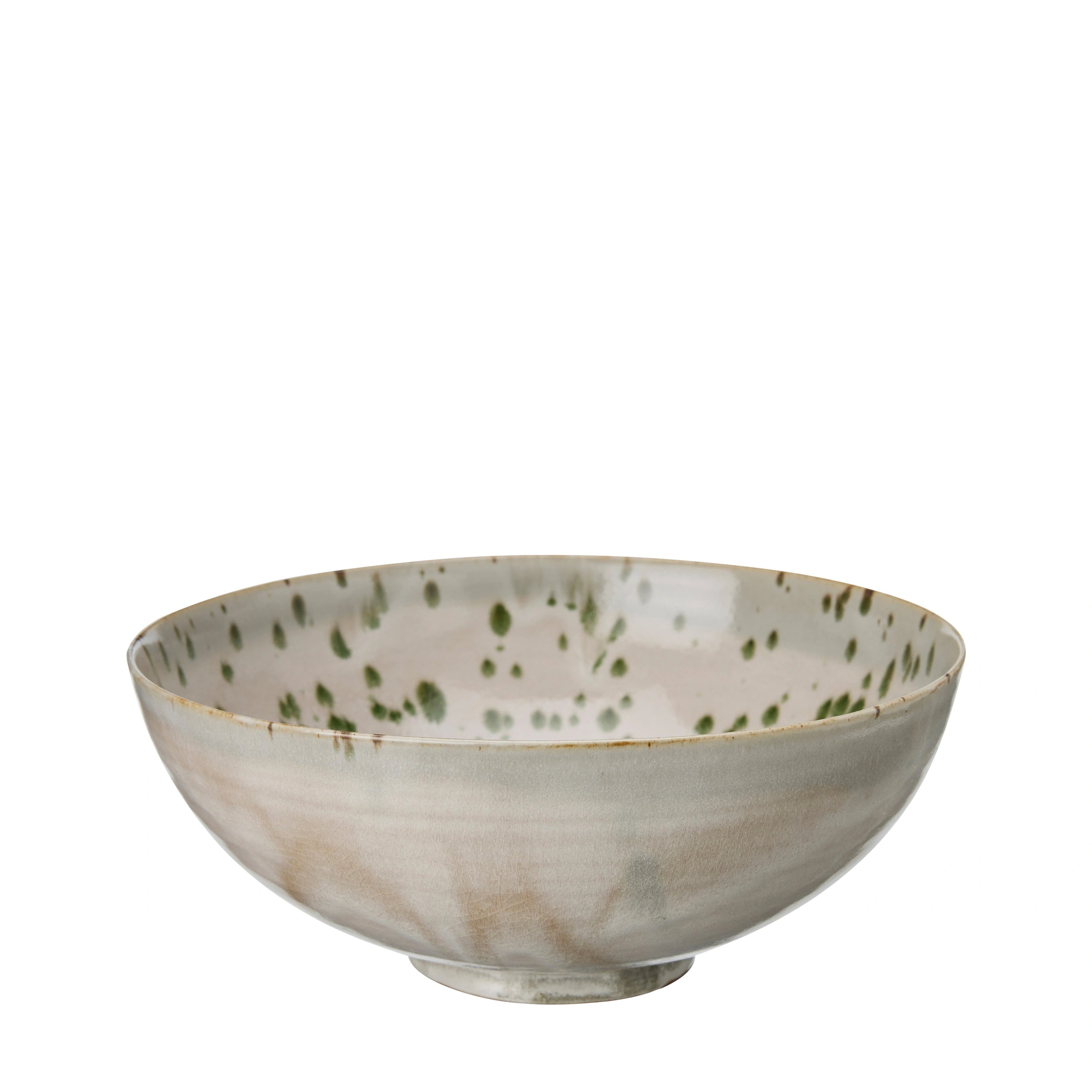 Aila porcelain large bowl with speckled green design on an off-white background