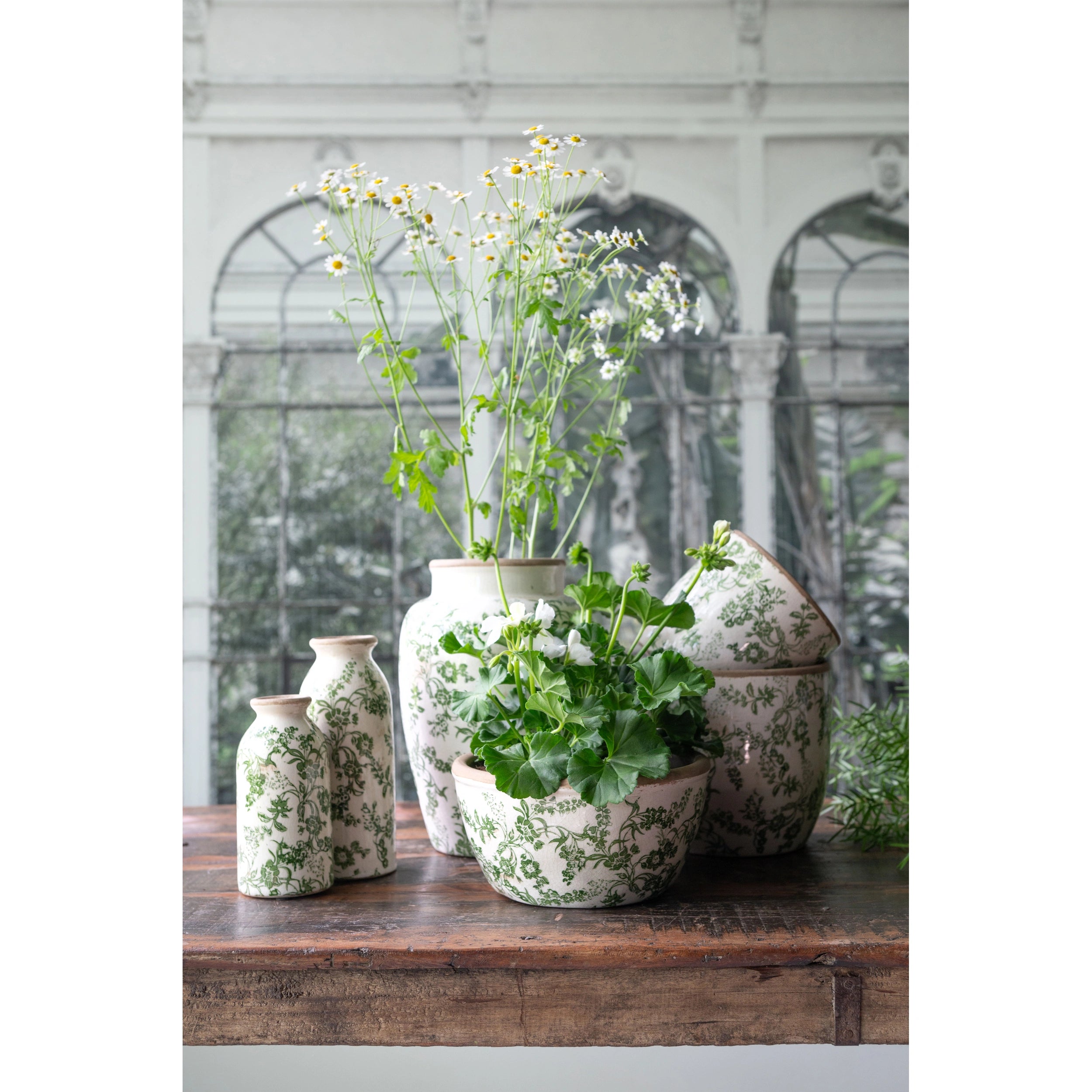 Decorative Isla vases and planters with green floral patterns containing plants on a wooden surface.
