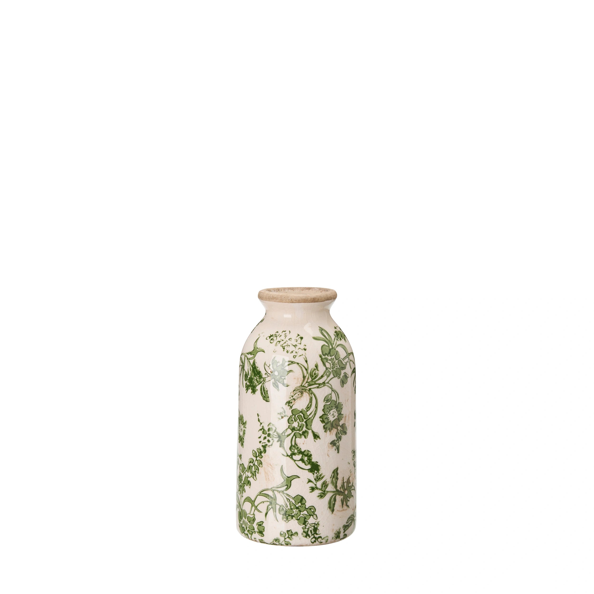 Small Isla vase with green floral pattern on a white background