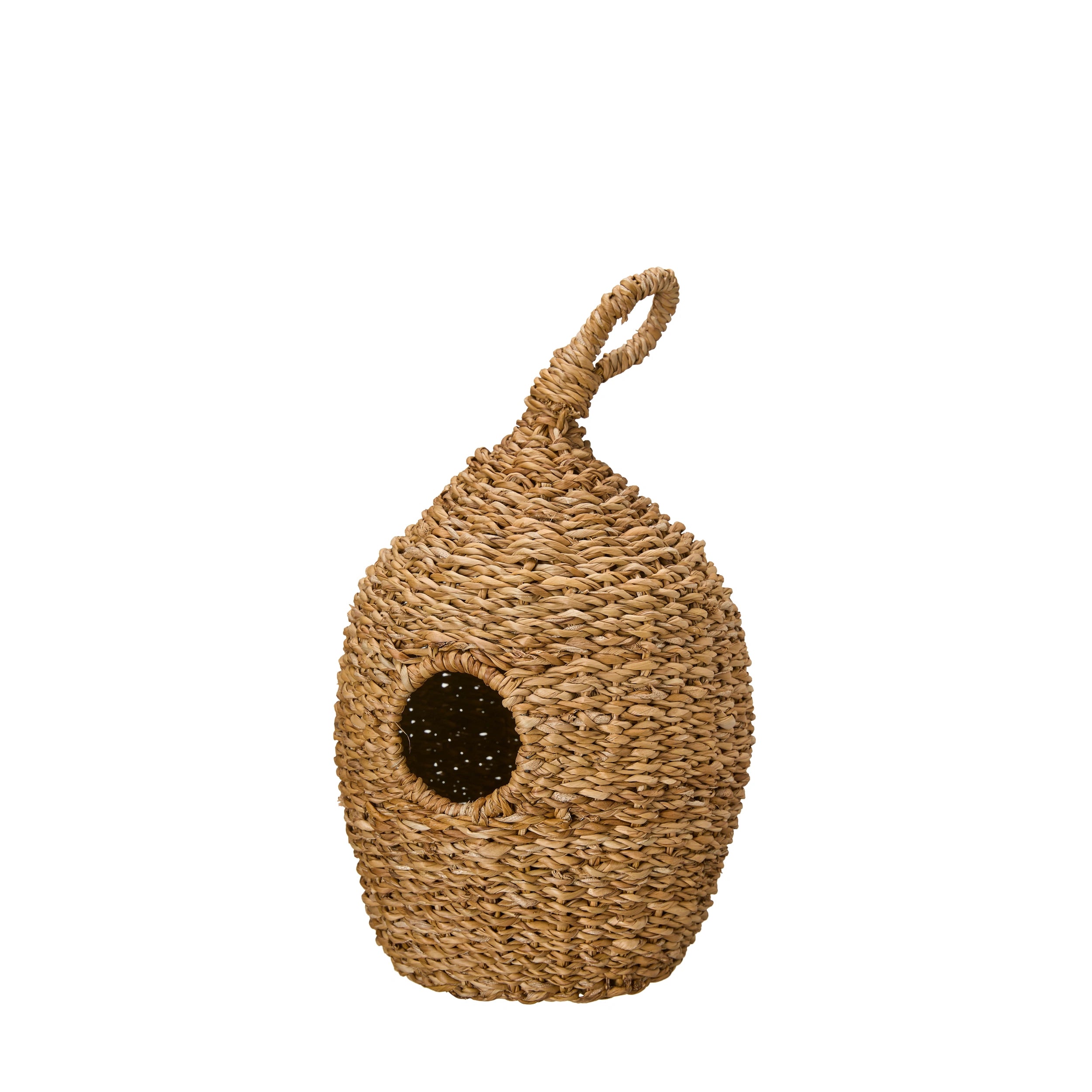 Woven birdhouse with a circular entrance on a white background