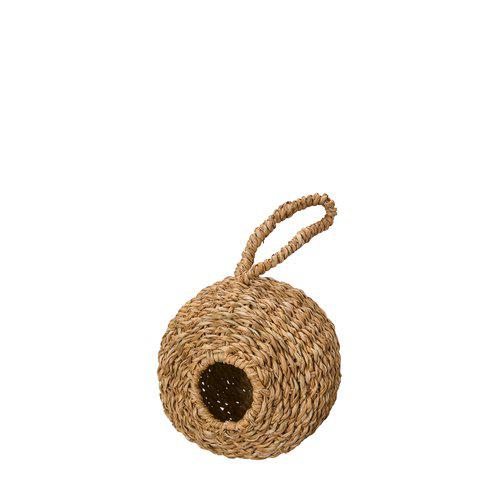 Woven bird house with a handle to hang it with on a white background
