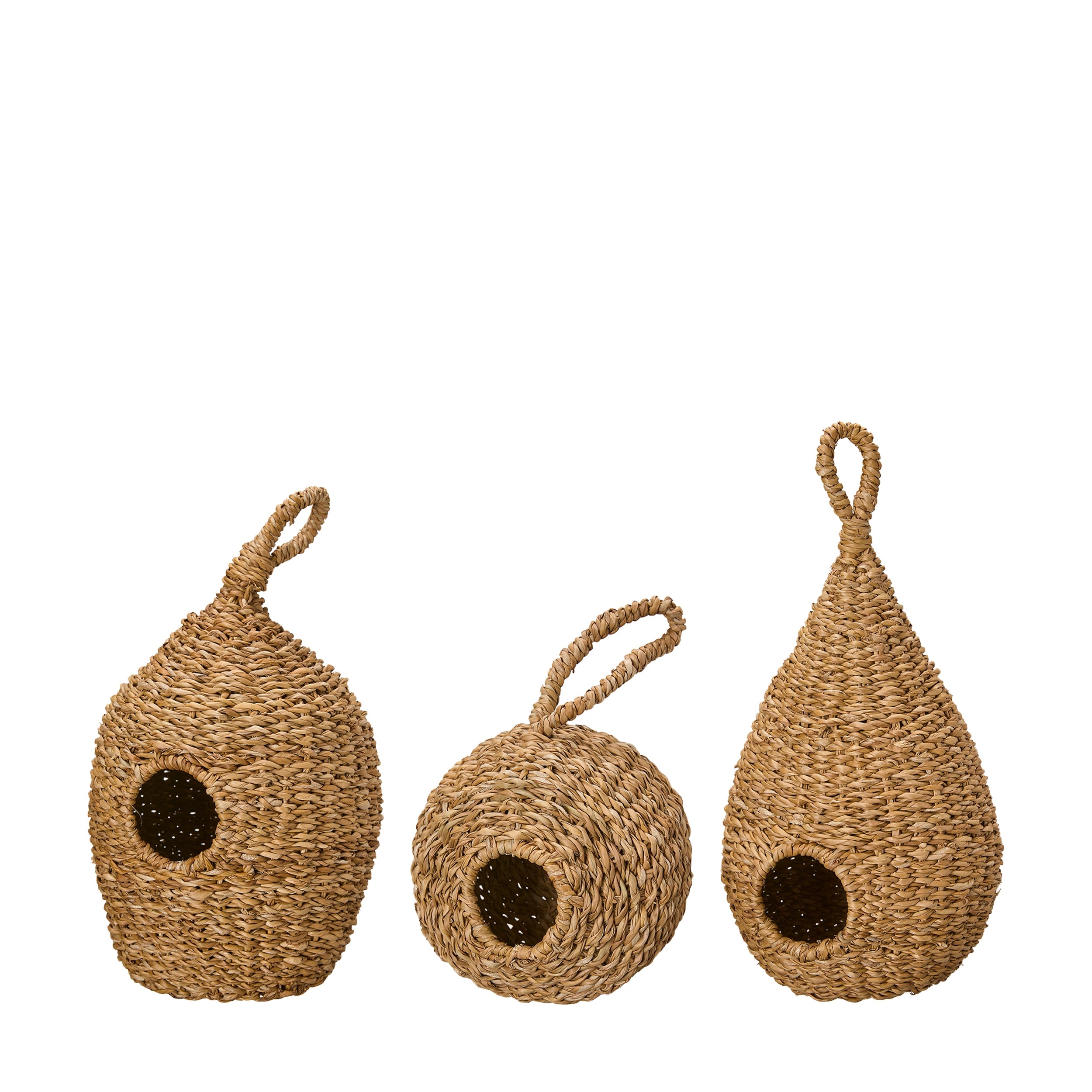Three woven birdhouses of different sizes on a white background