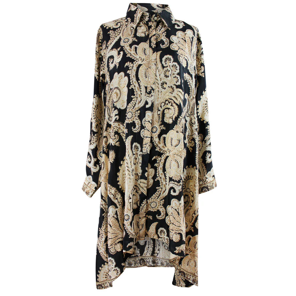 Black and gold dress with pattern on a white background