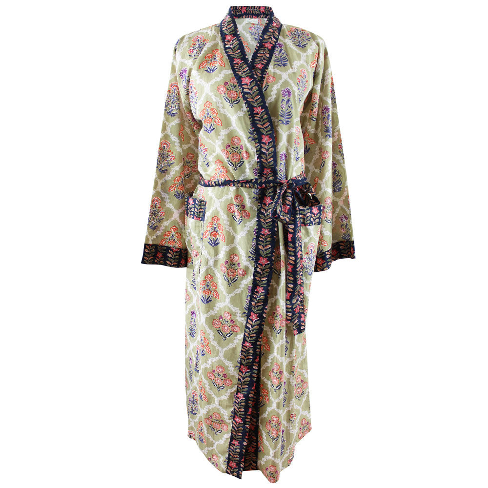 Olive green floral dressing gown lifestyle by The Black Faced Sheep cut out