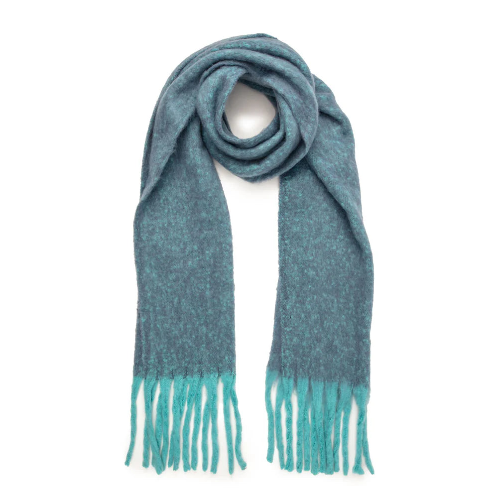 Blue winter scarf with turquoise tassels