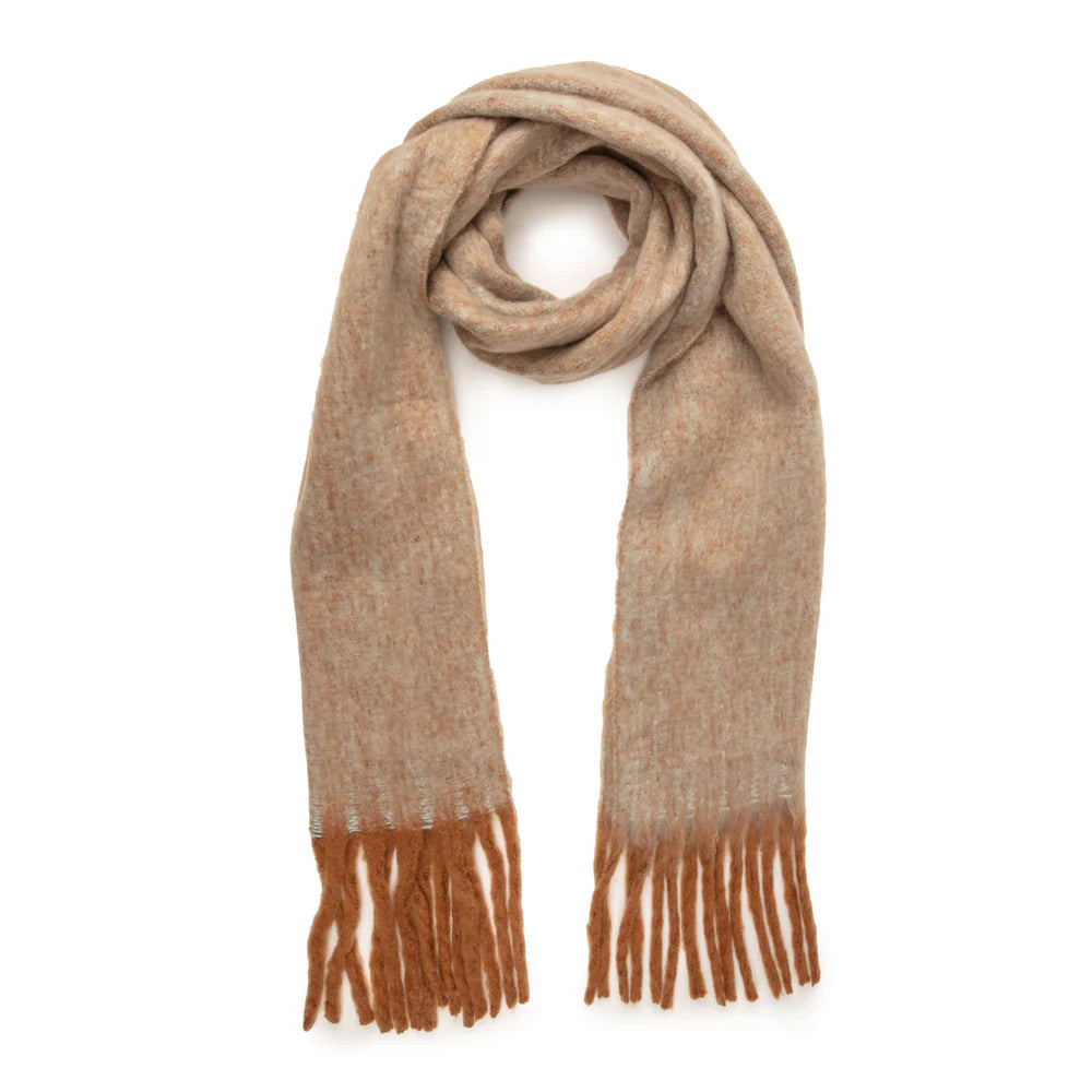 Camel tonal winter scarf with brown tassels.