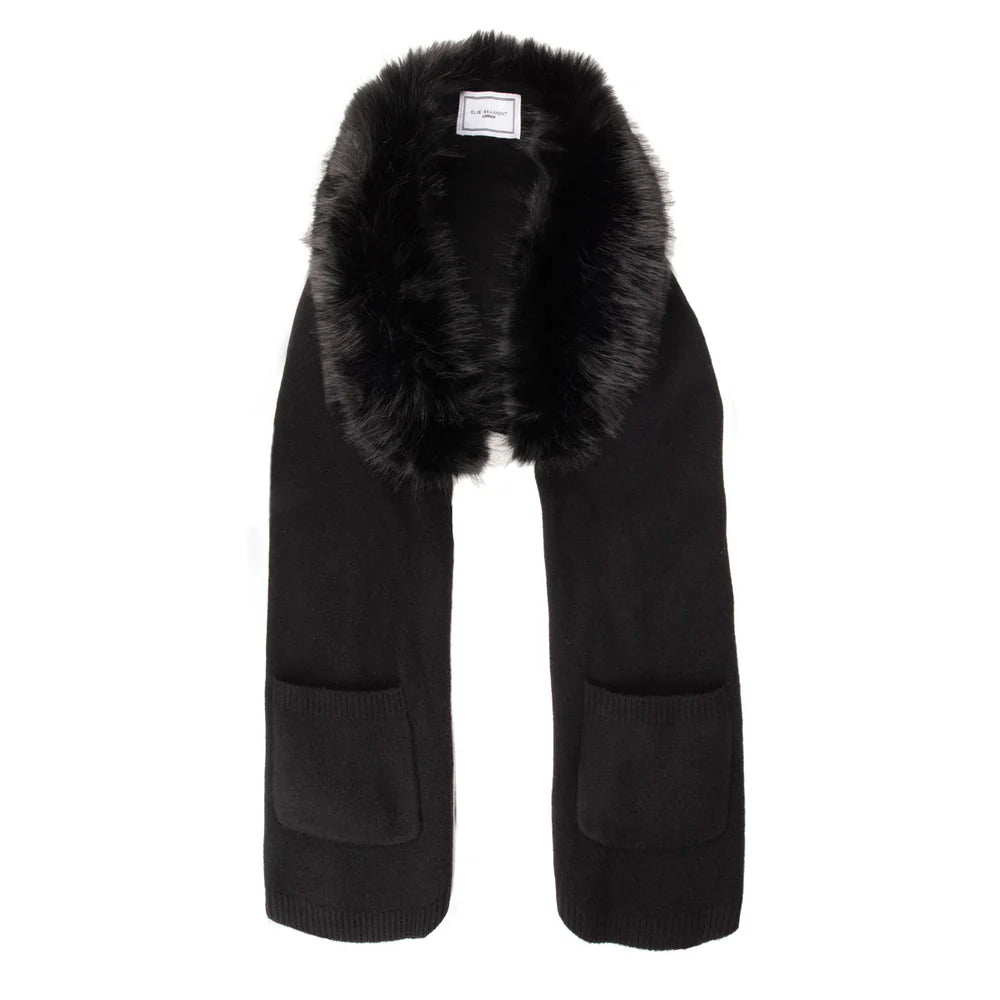 Black scarf with fur trim.