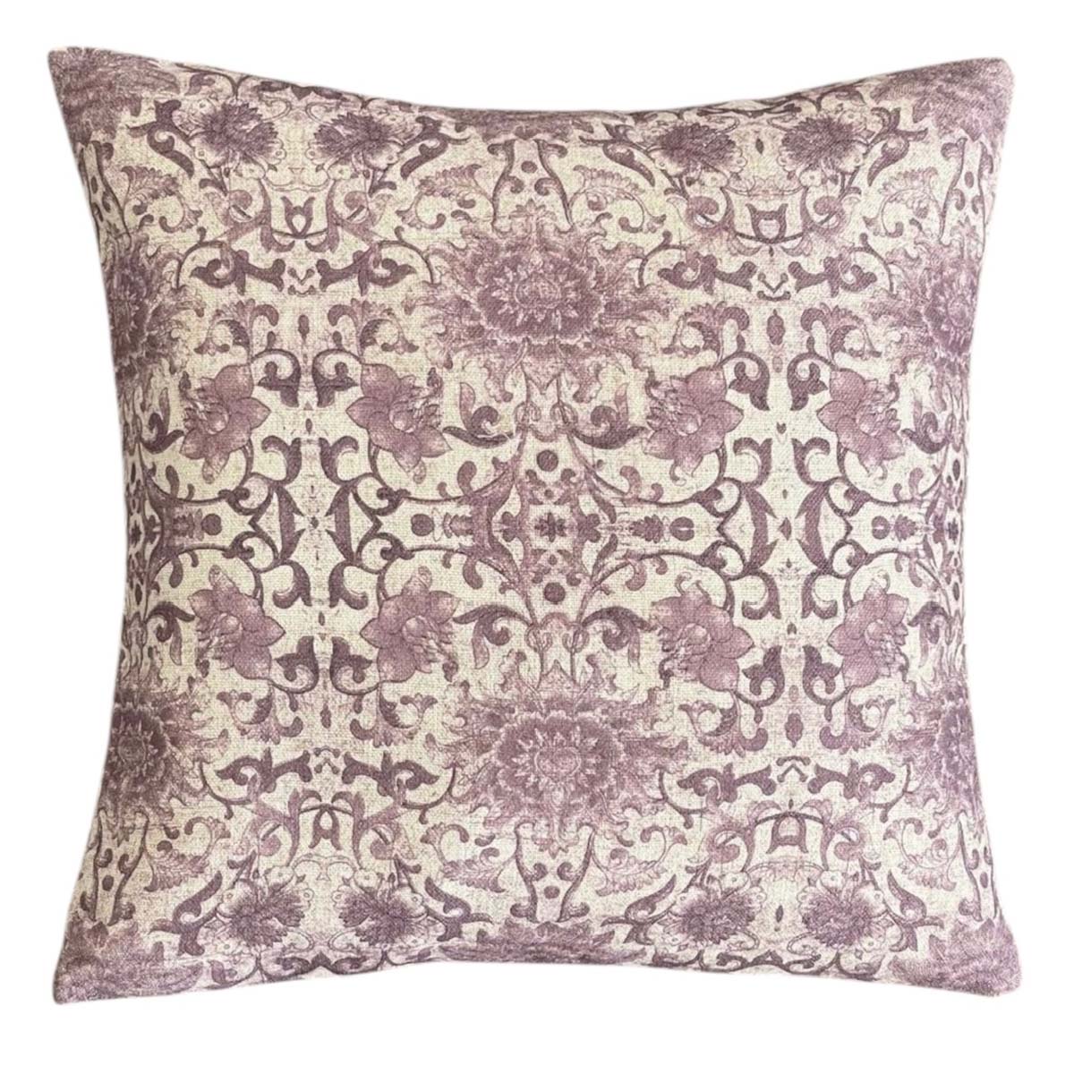 Decorative throw cushion with intricate grape and beige coloured pattern on a white background.