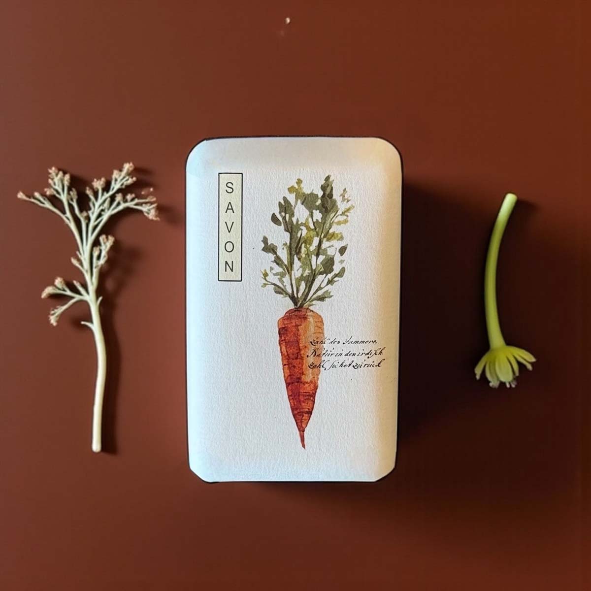 Rectangular carrot scented soap with botanical design and 'SAVON' text on a brown background