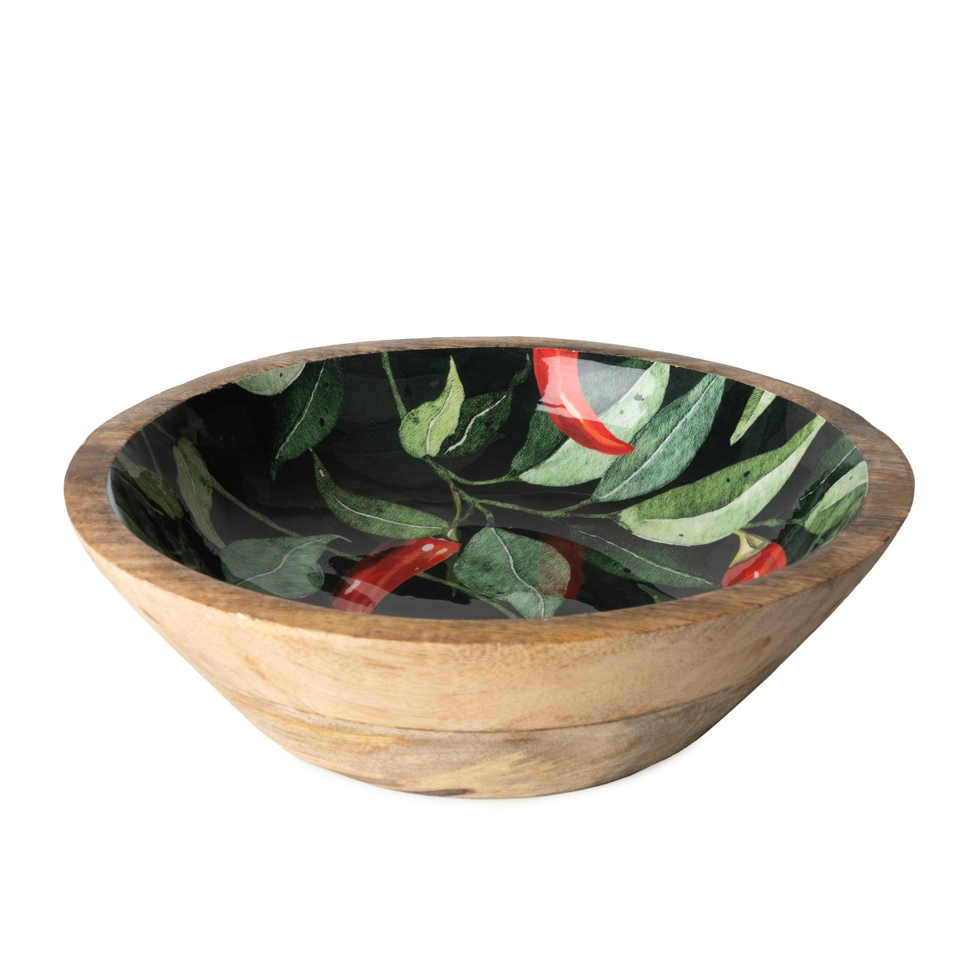Wooden bowl with chilli design enamel work.