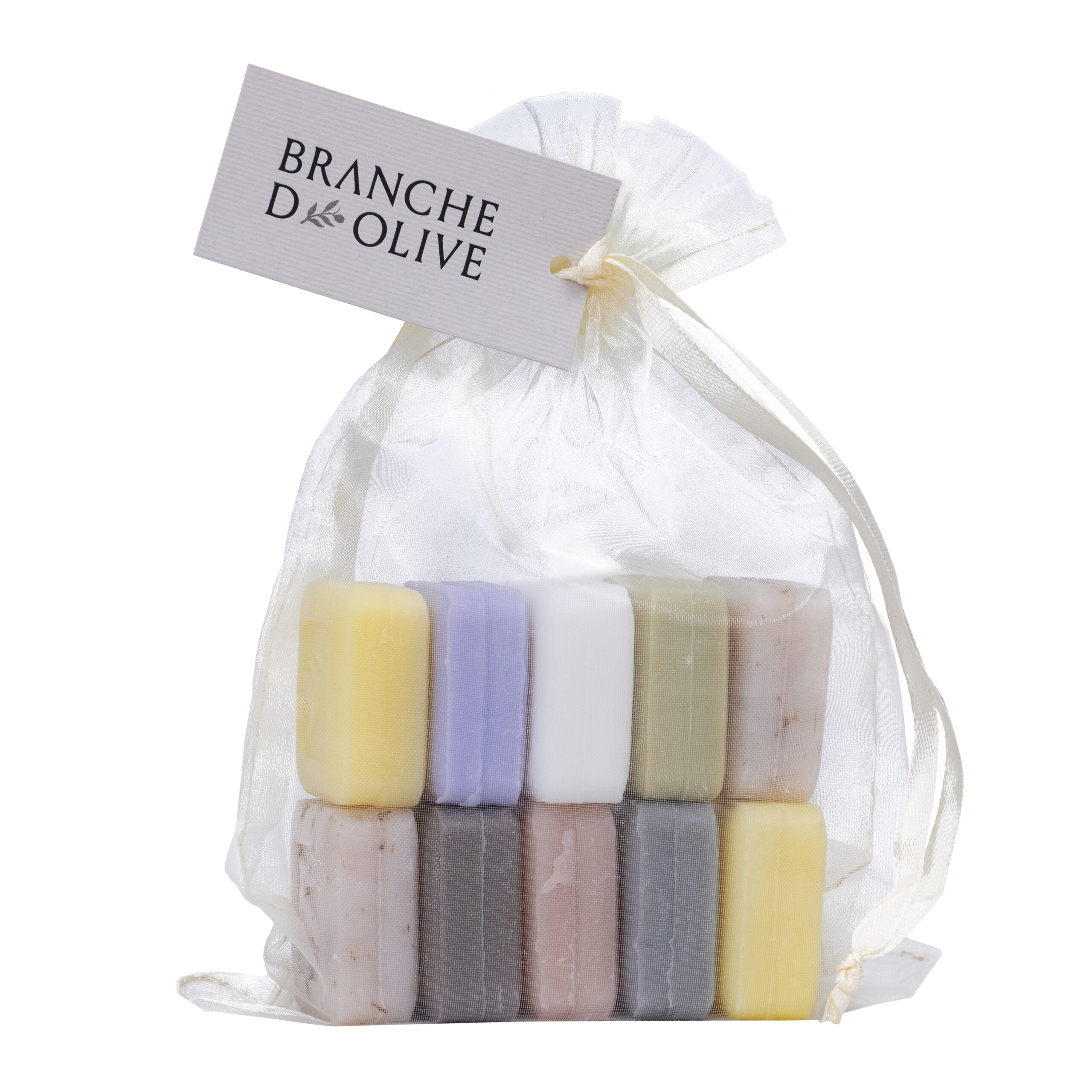 Set of luxury triple milled small soap bars in a voile bag with 'Branche D'Olive' label on a white background
