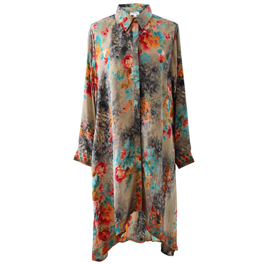 Viscose floral shirt dress in orange, turquoise, grey and red.