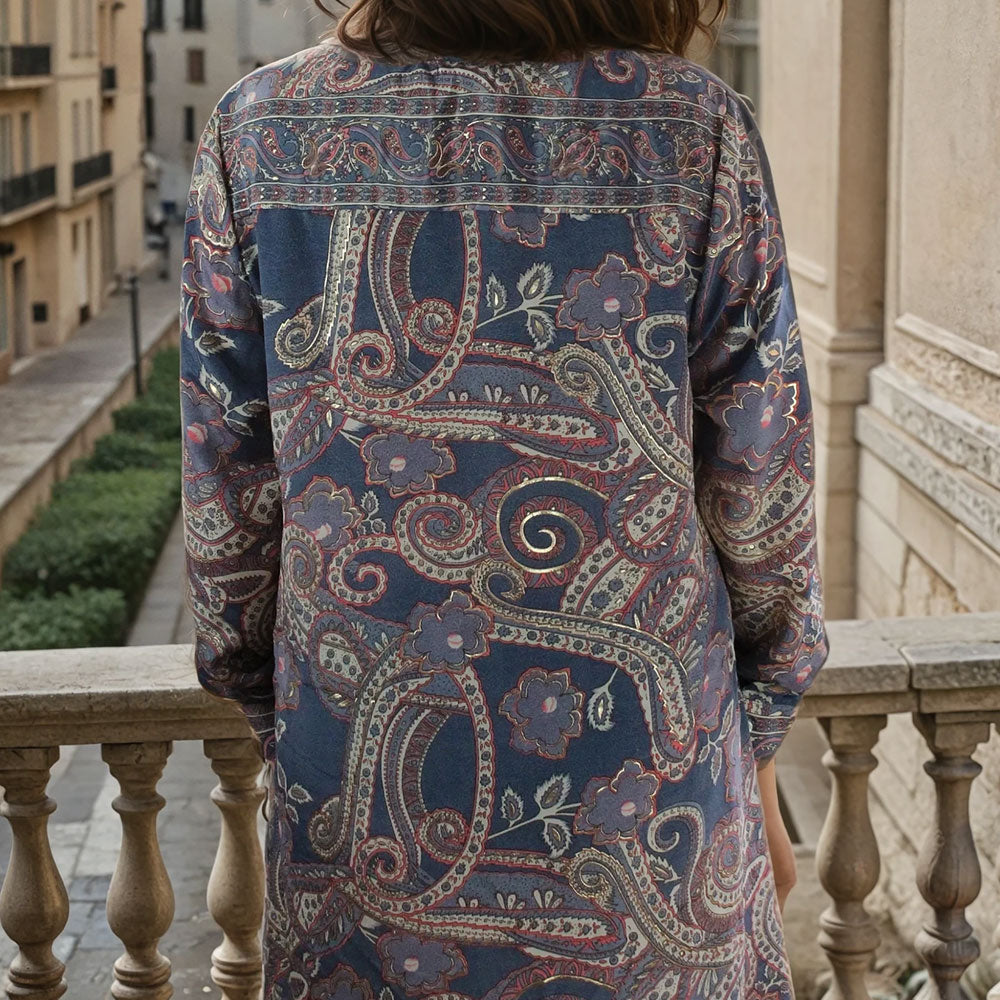 Blue Grey, Coral & Cream Floral Paisley Print Shirt Dress Back View