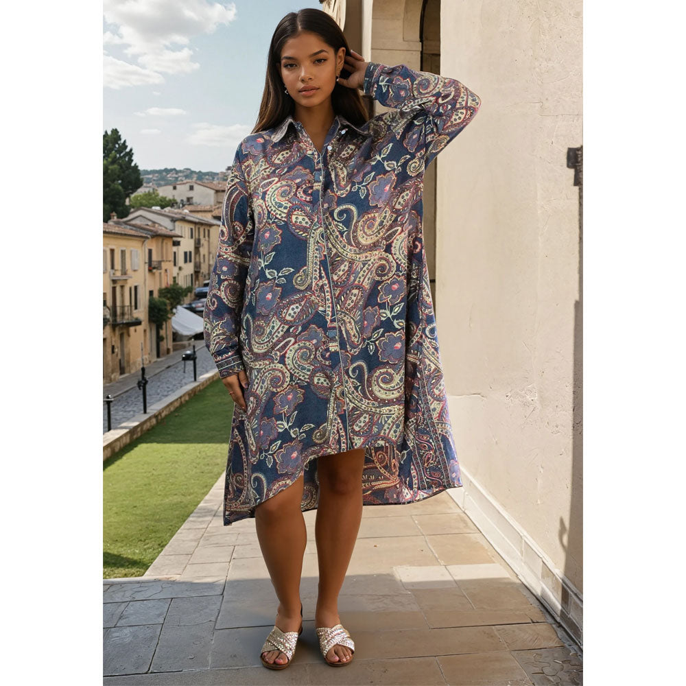 Blue Grey, Coral & Cream Floral Paisley Print Shirt Dress by The Black Faced Sheep