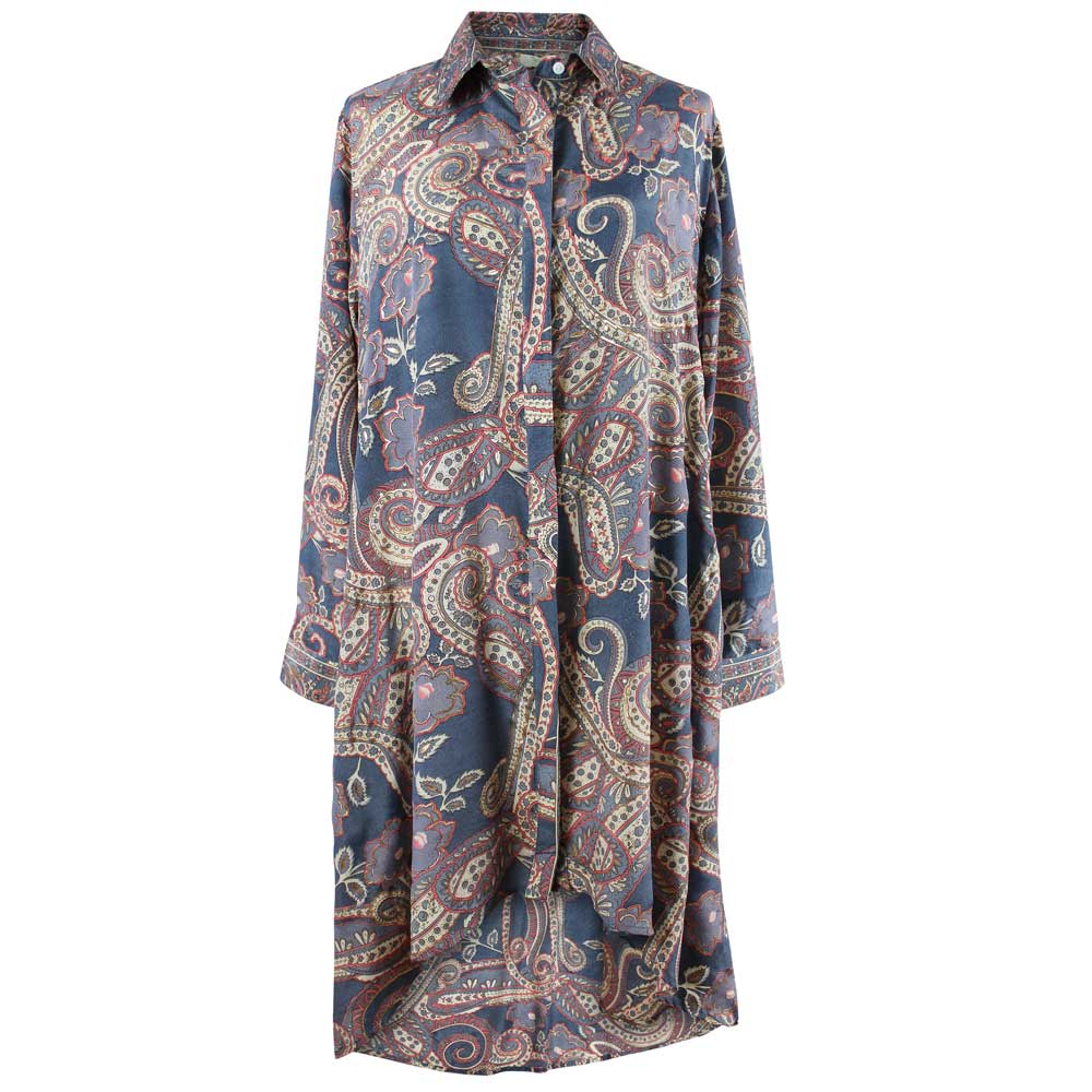 Blue Grey, Coral & Cream Floral Paisley Print Shirt Dress cut out