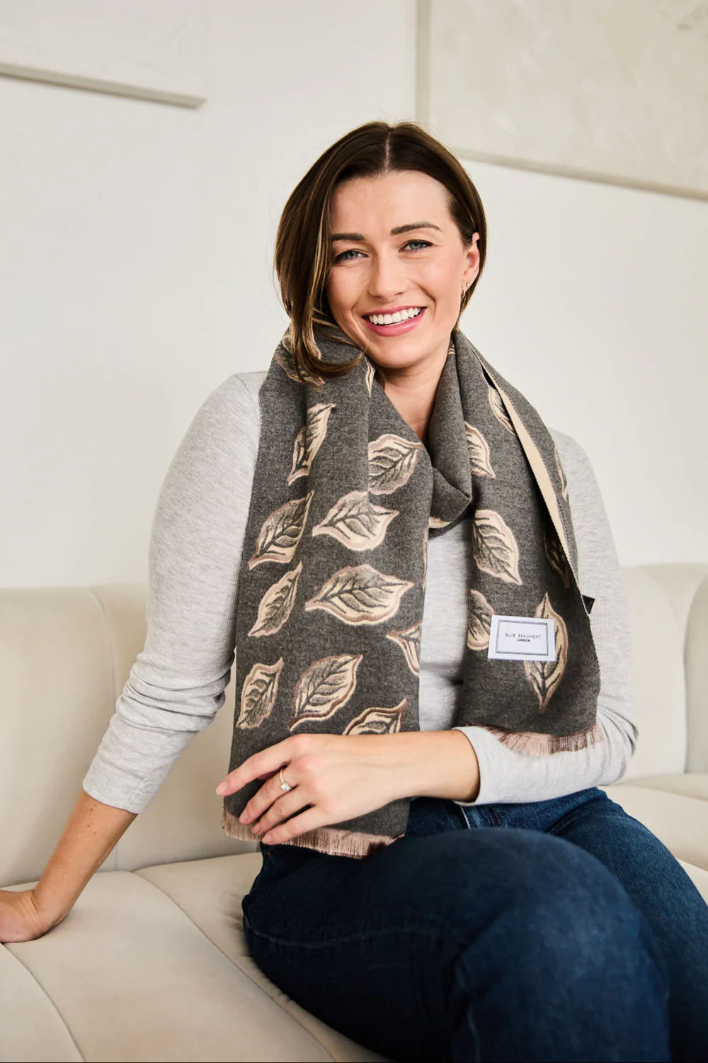 Charcoal and white leaf print winter scarf.