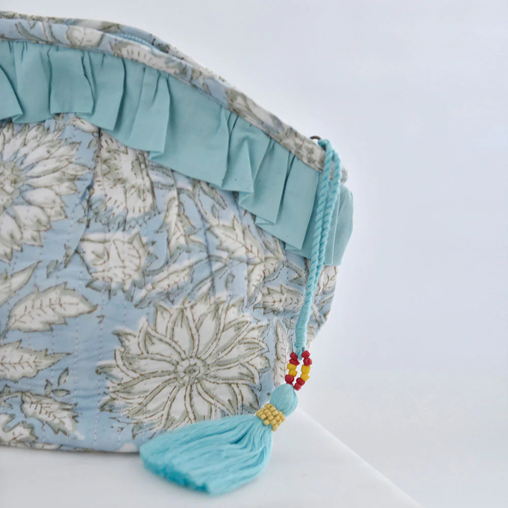 Detail of cornflower blue wash bag