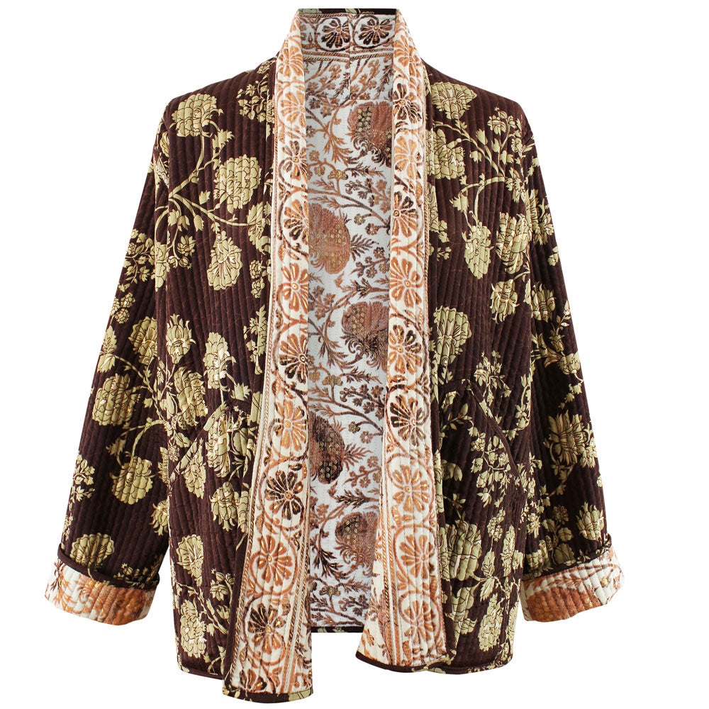 Brown, gold and white reversible quilted jacket.