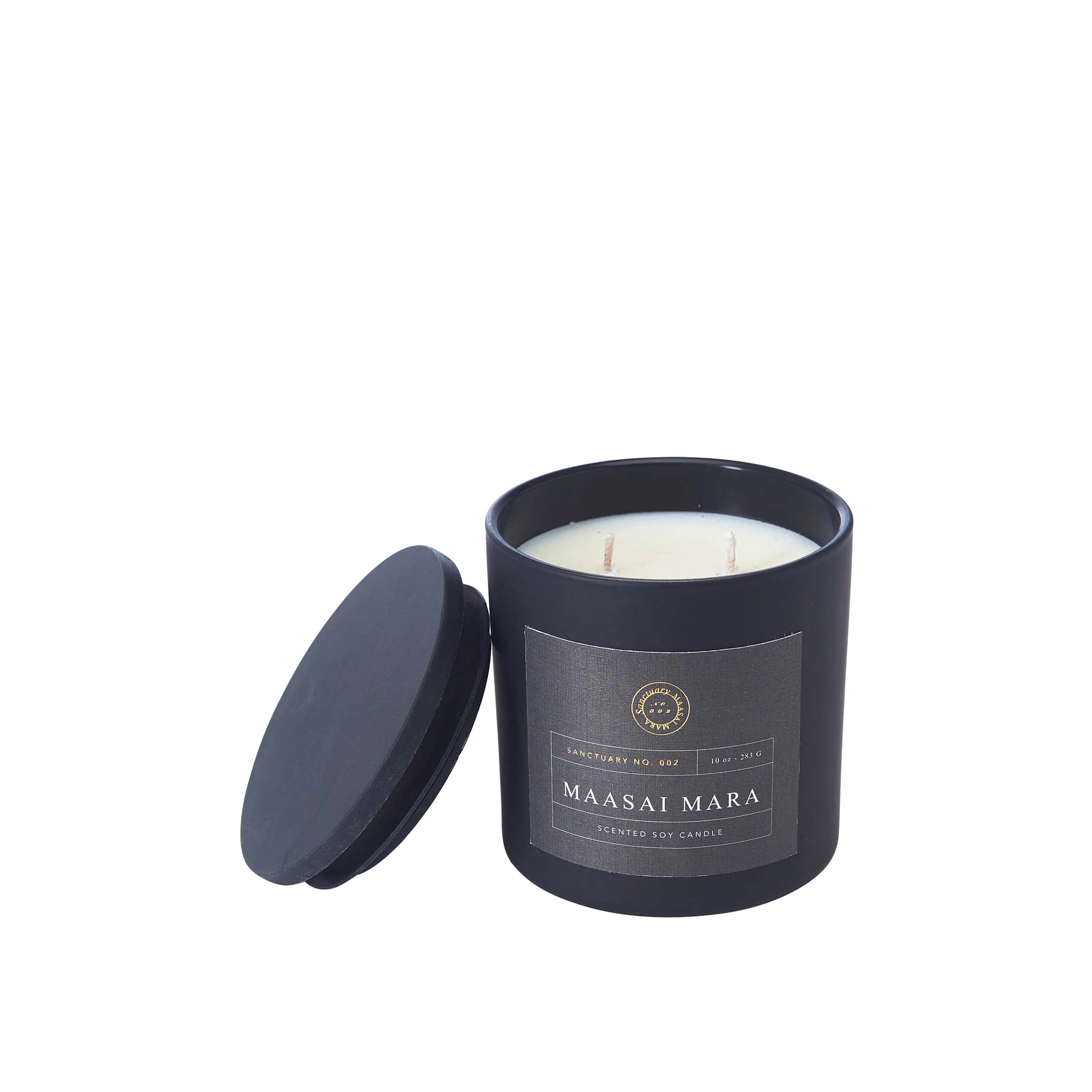 Soy scented candle in navy container with 'Maasai Mara' label.