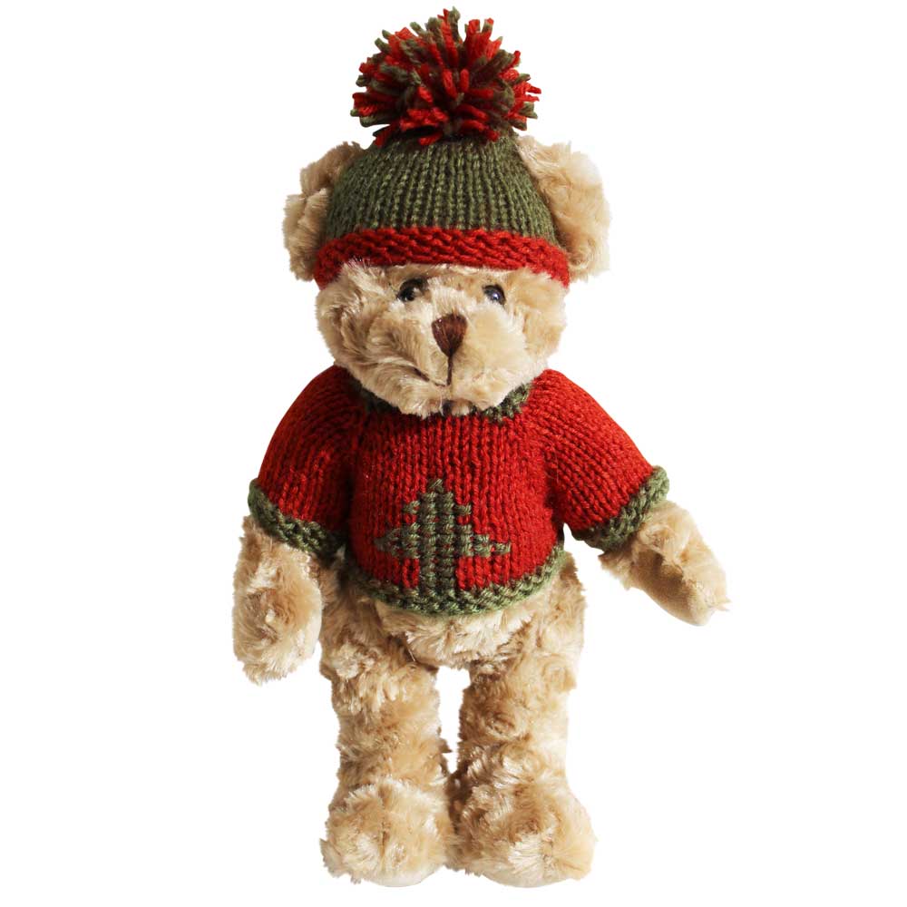 Teddy bear wearing a red knitting jumper and green knitted hat with pompom.