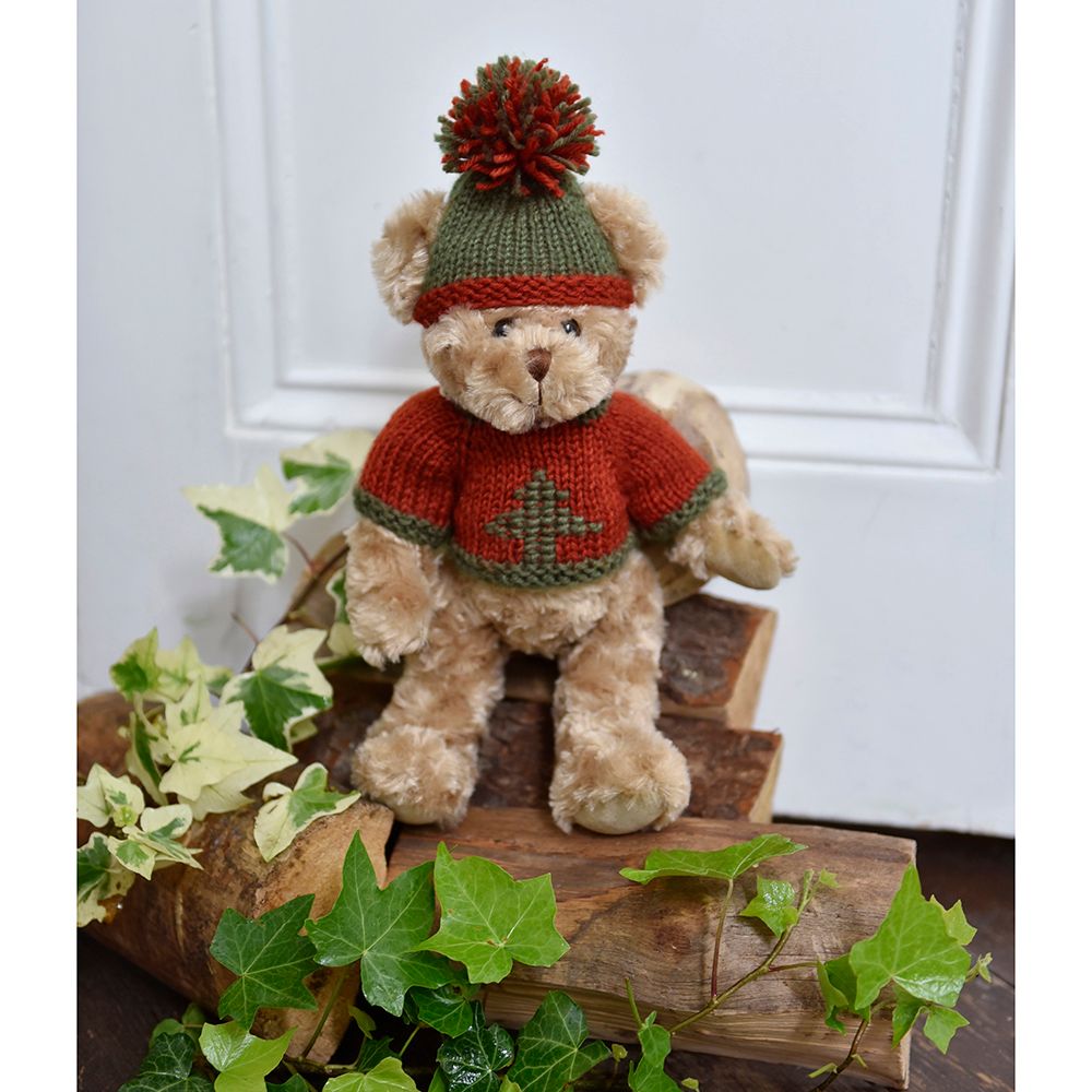 Teddy bear wearing a red knitting jumper and green knitted hat with pompom.