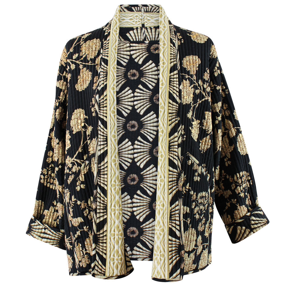 Black and gold reversible printed cotton quilted jacket.