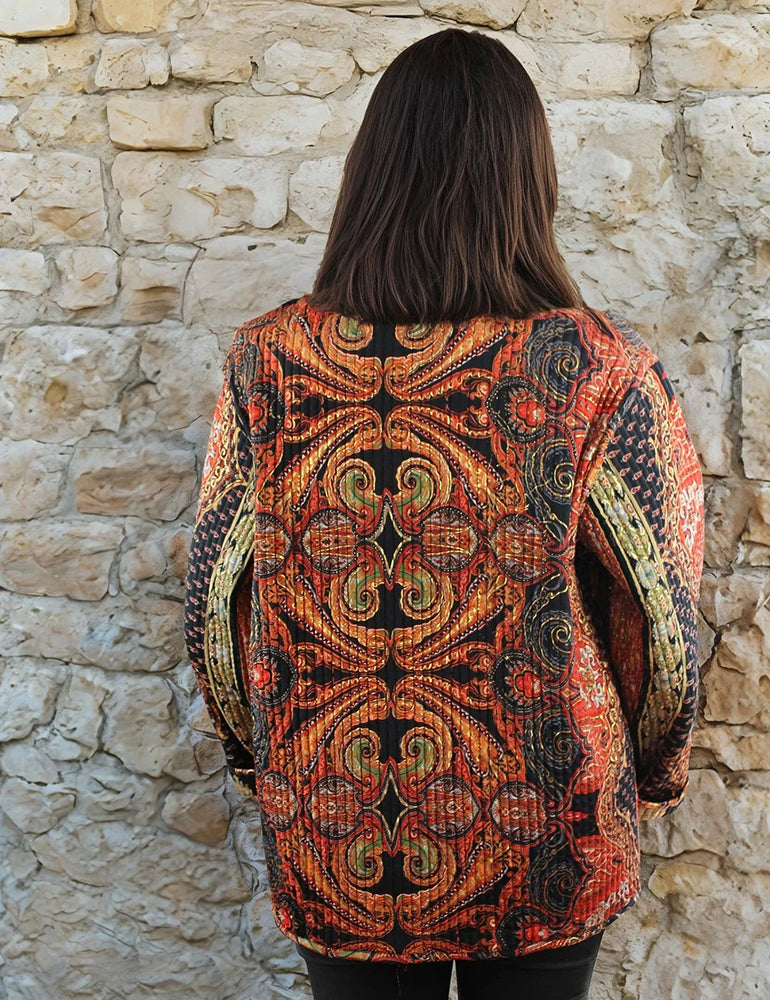 Red, Black and Gold reversible printed cotton quilted jacket.