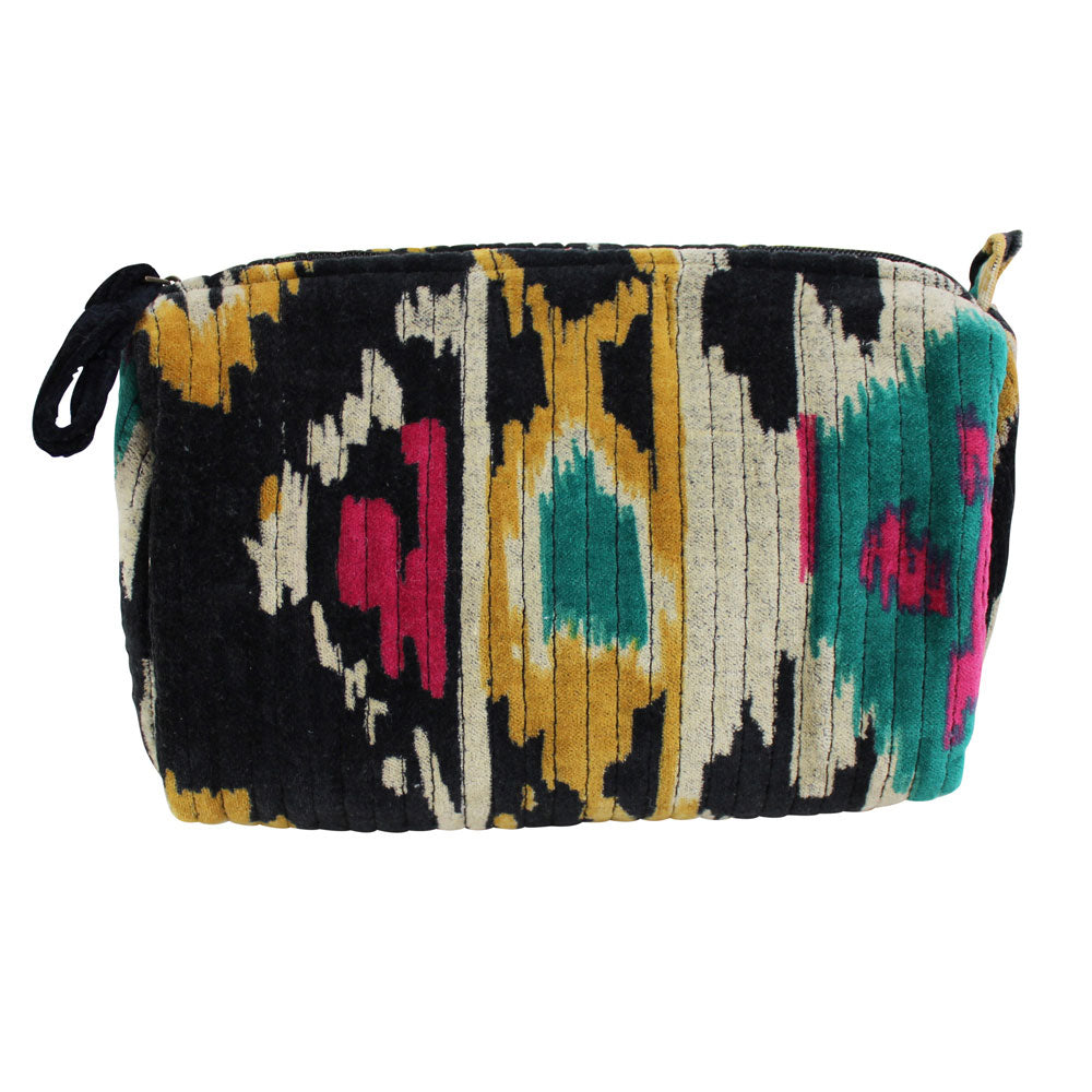Black velvet Ikat print wash bag.