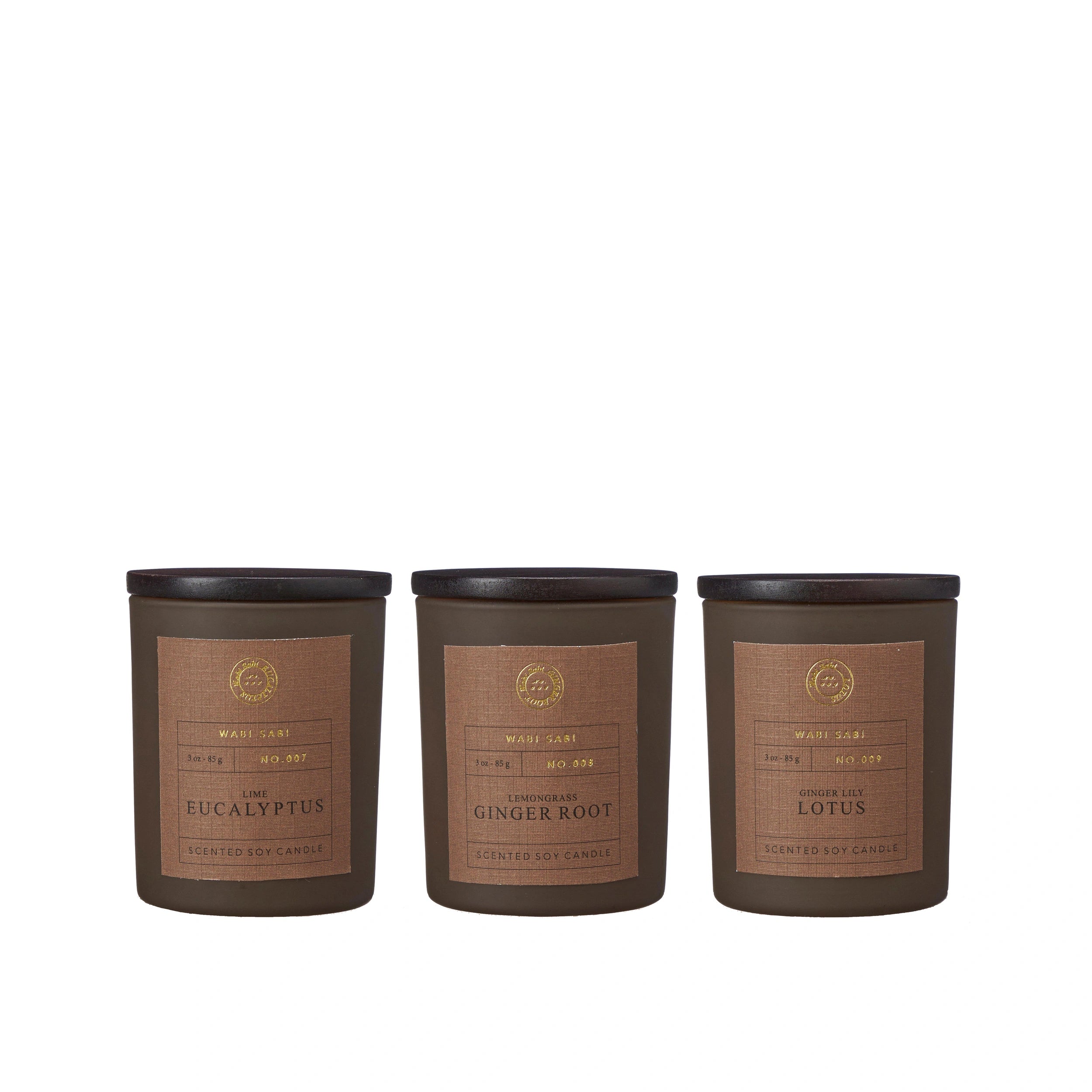 Three Wabi Sabi Candles in Black Jars in Lime Eucalyptus, Lemongrass Ginger root and Ginger Lily Lotus.
