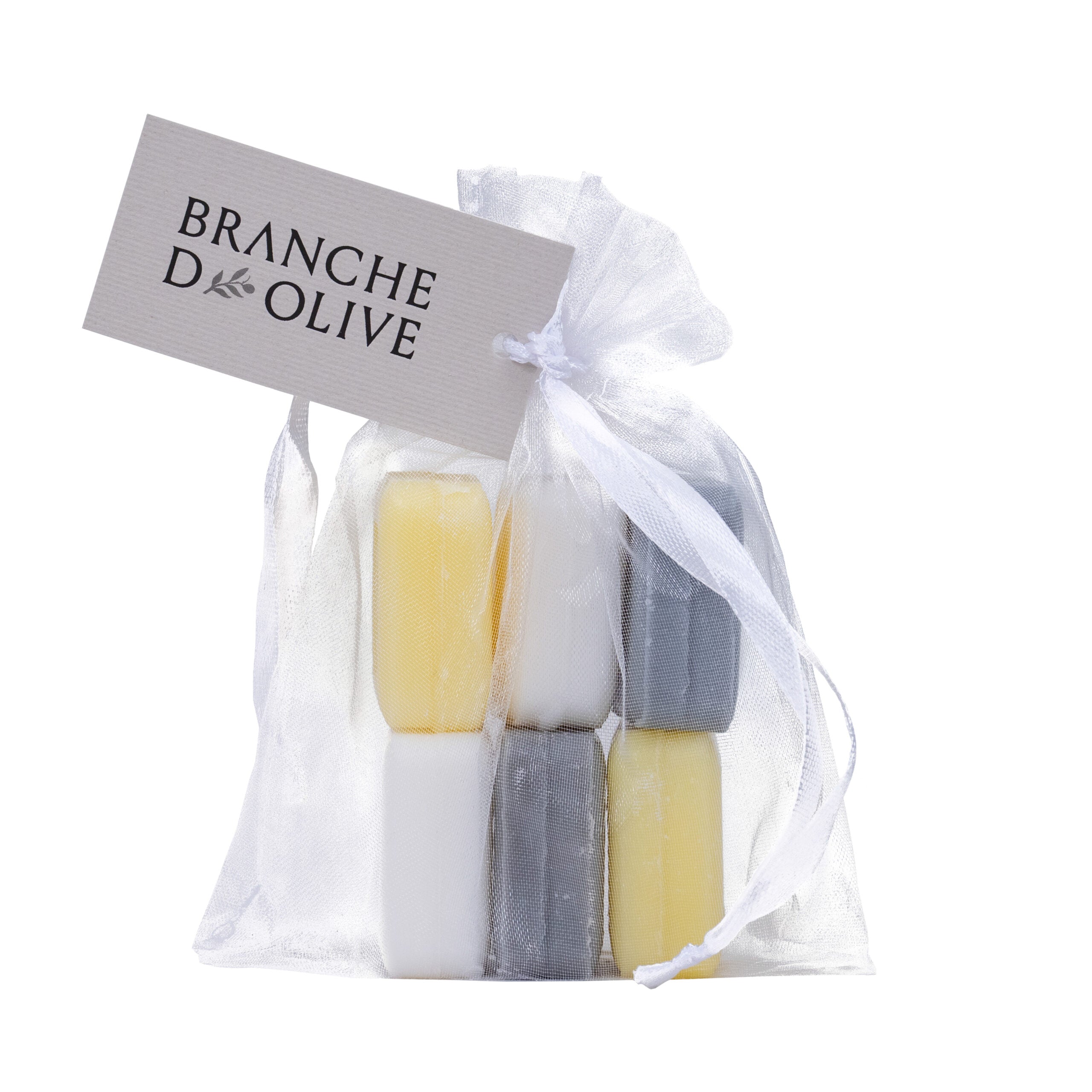 Set of six 25g triple milled luxury soap bars in a voile bag with 'Branche d'Olive' label on a white background