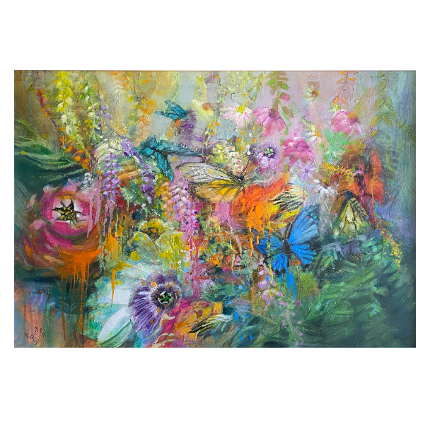 Butterflies and Flowers in the jungle at the Black Faced Sheep. A colorful abstract floral painting featuring butterflies and lush botanical forms in pink, purple, blue, green, orange, and yellow tones, centered on a white background.