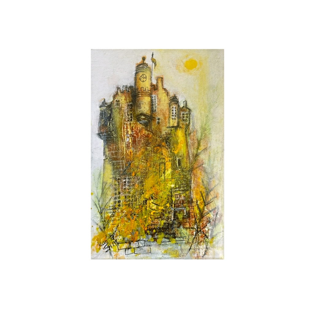 Kanita Sim's depiction of a Crathes Castle with a yellow sun in the background