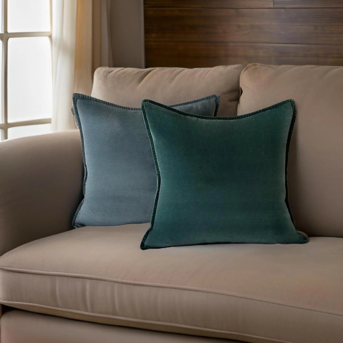 Square Green Velvet Sofa Cushions on sofa