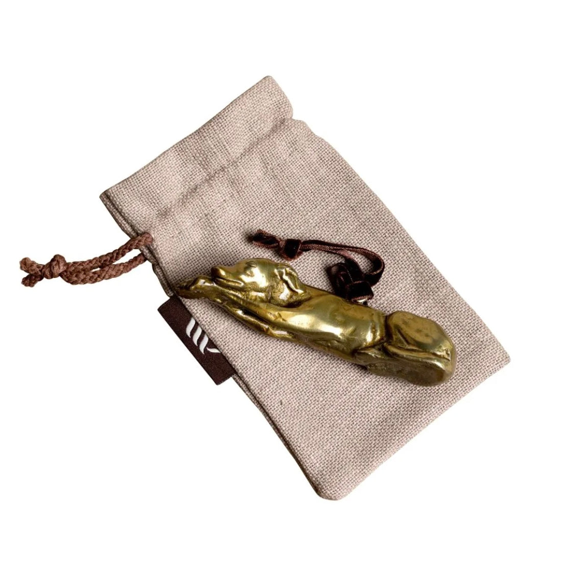 Brass Greyhound-shaped Christmas decoration with a linen gift bag.
