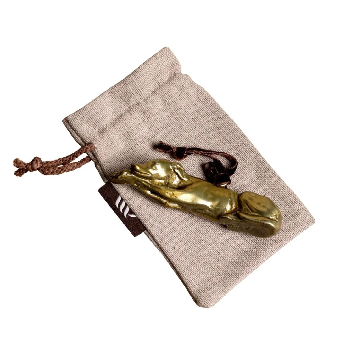 Brass Greyhound-shaped Christmas decoration with a linen gift bag.