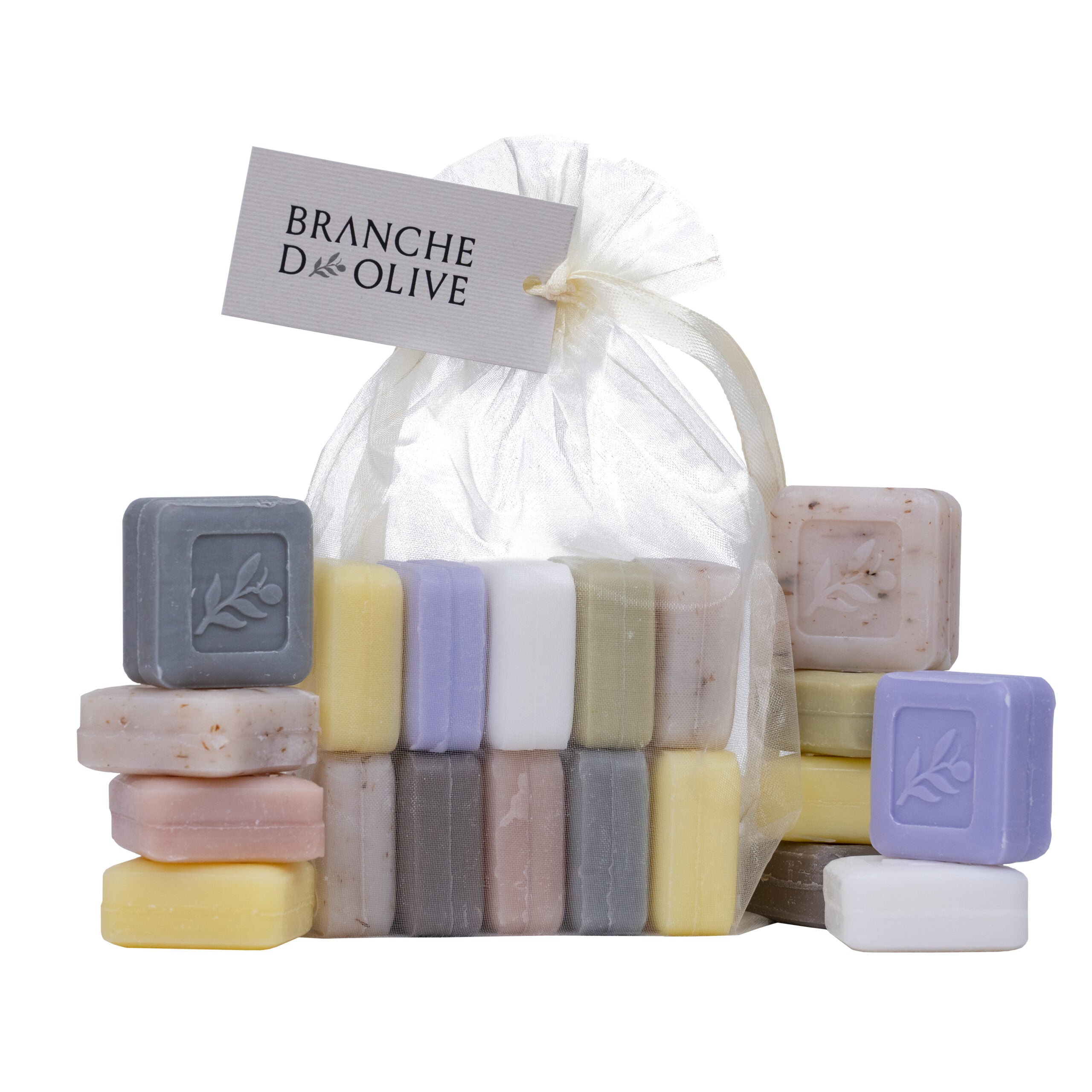 Assorted luxury triple milled soap bars in a voile bag with 'Branche d'Olive' label on a white background