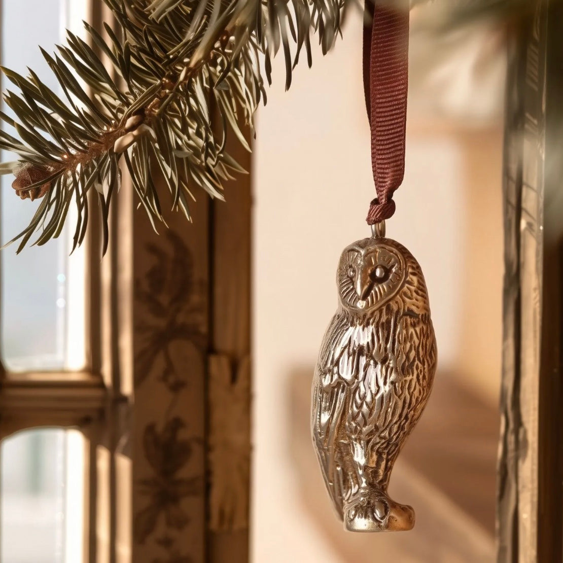 Brass owl shaped hanging decoration.