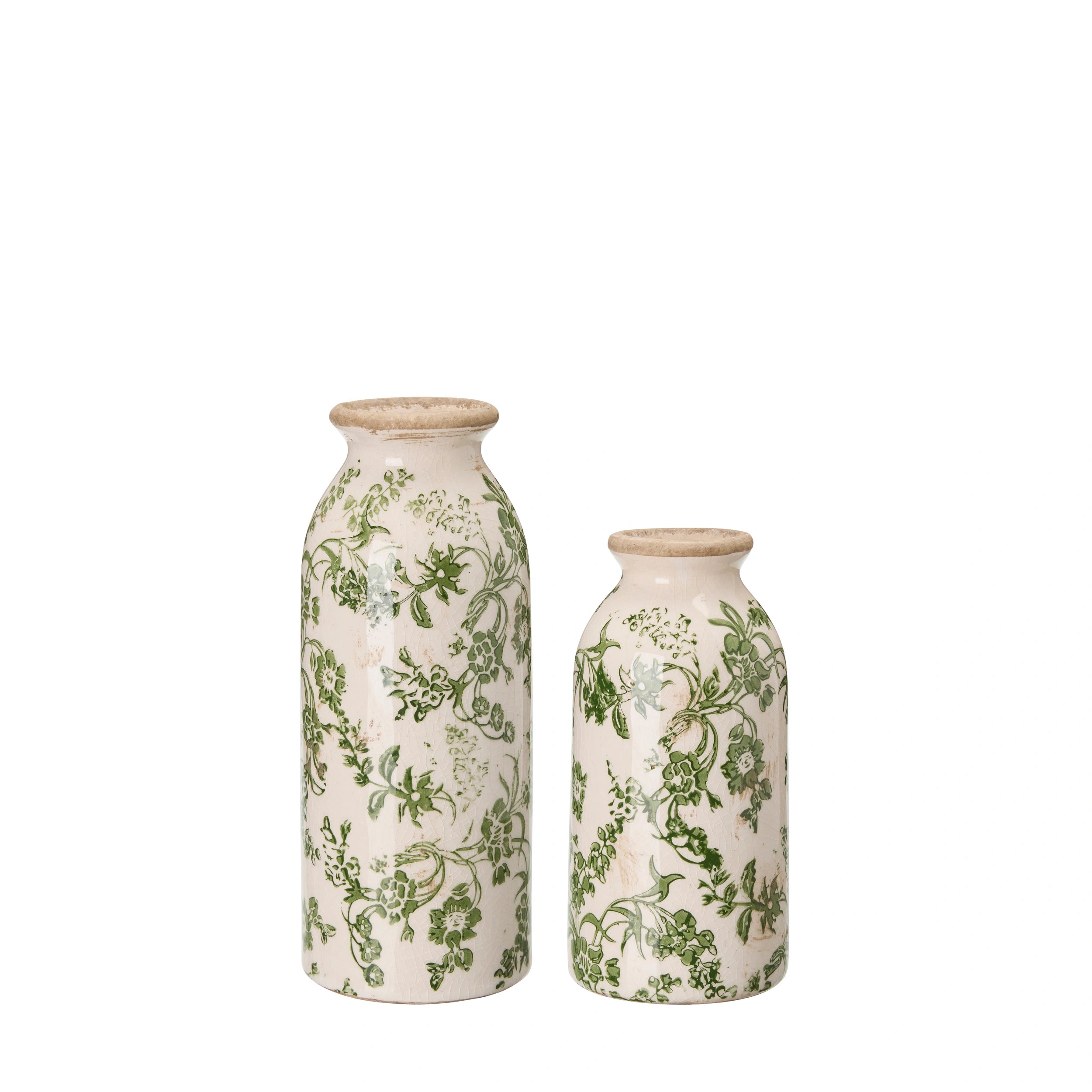 Isla stoneware green and off-white patterned vases.