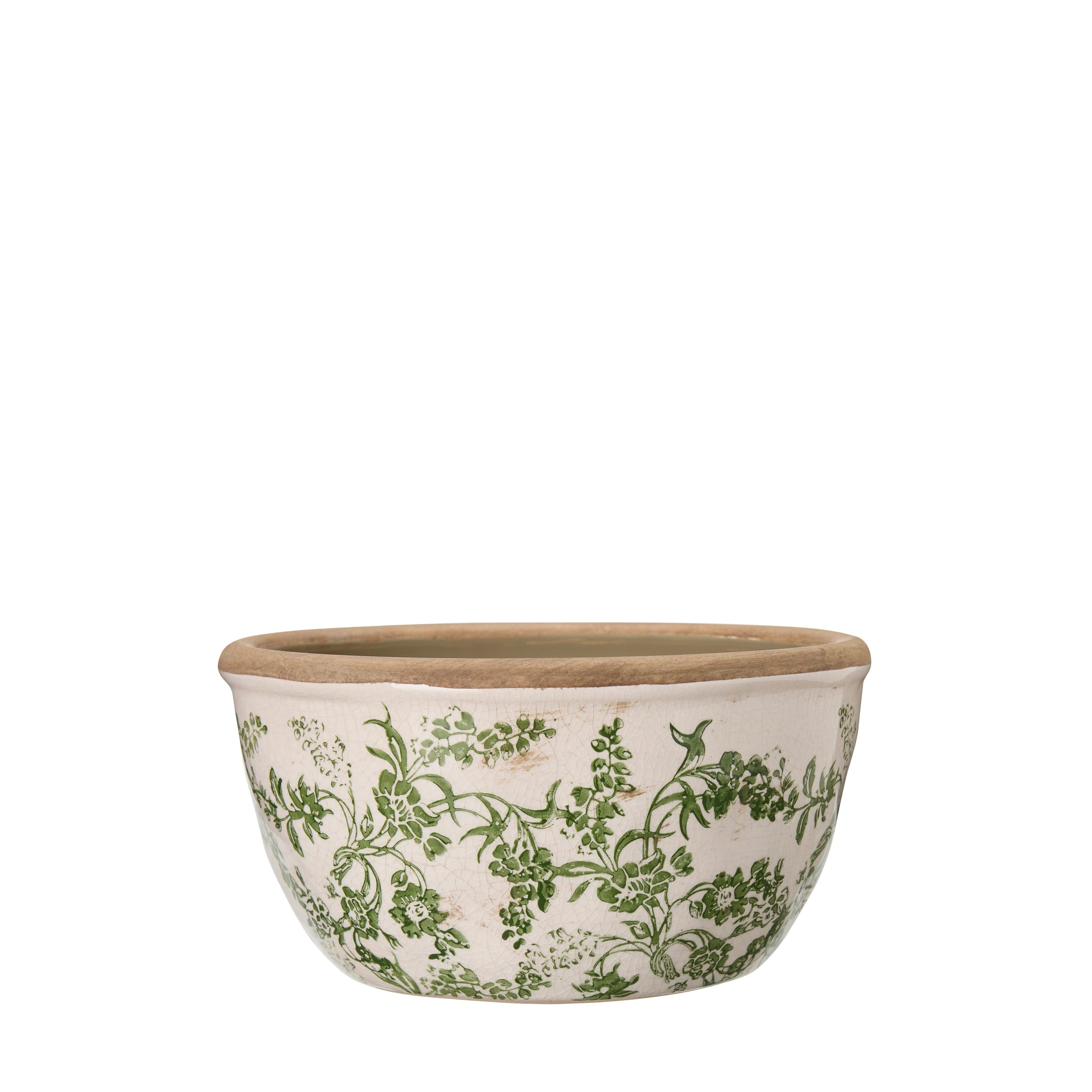 Isla stoneware planter with green leaf pattern on a white background