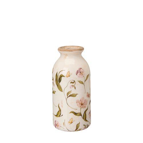 Small Rhona decorative stoneware vase with pink floral design on a white background