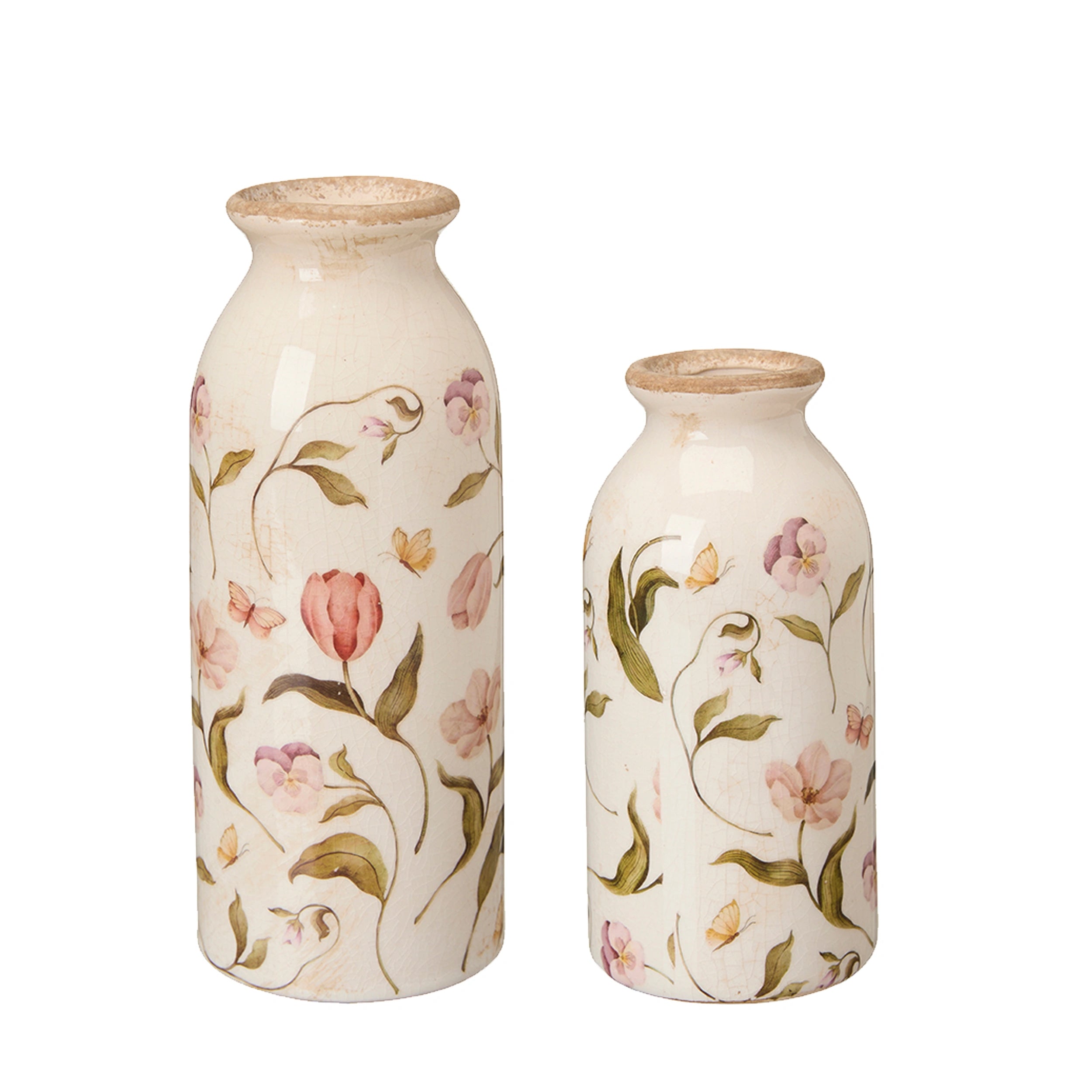 Large and small Rhona stoneware vases with pink floral patterns on a white background
