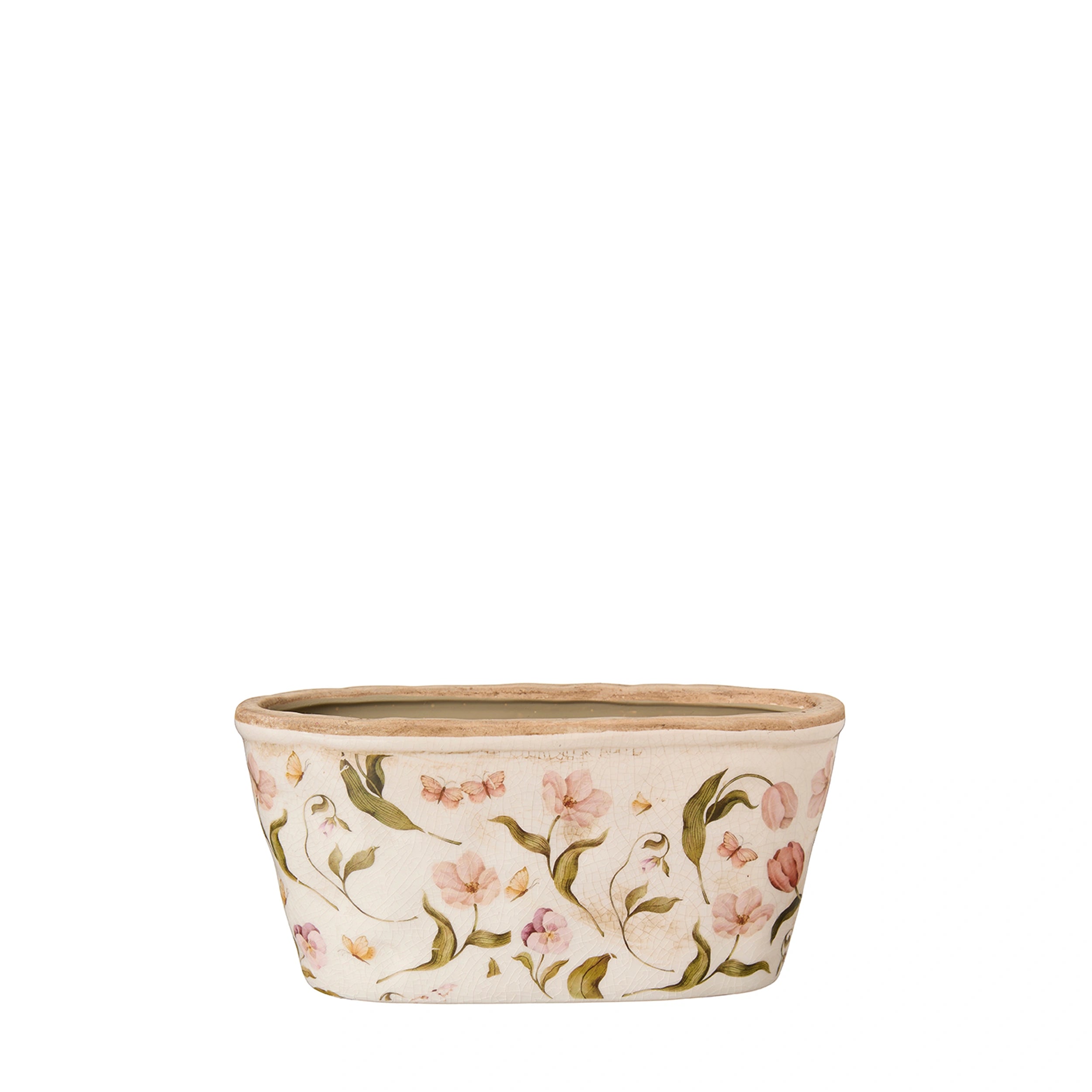 Rhona stoneware planter with pink floral design on a white background.