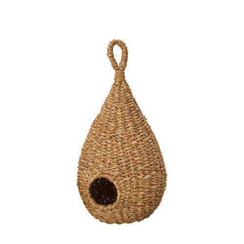 Woven birdhouse shaped like a teardrop on a white background