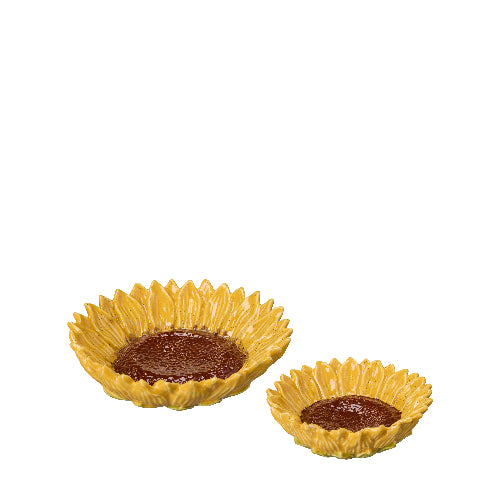 Two sunflower ceramic bowls with a on a white background