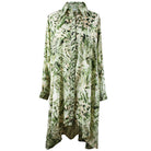 clover and khaki patterned shirt dress on a white background