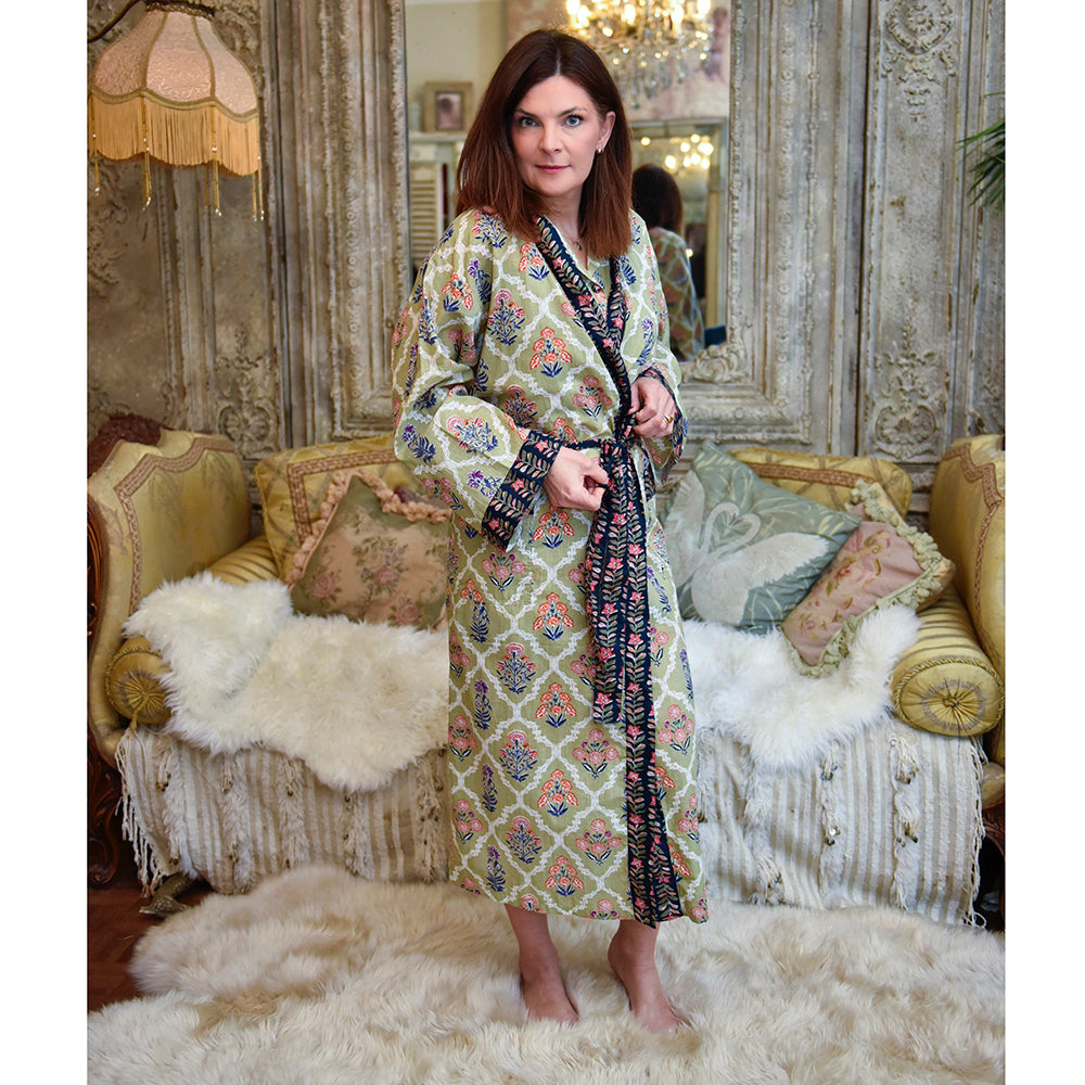 Olive green floral dressing gown lifestyle by The Black Faced Sheep