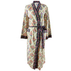 Olive green floral dressing gown lifestyle by The Black Faced Sheep cut out
