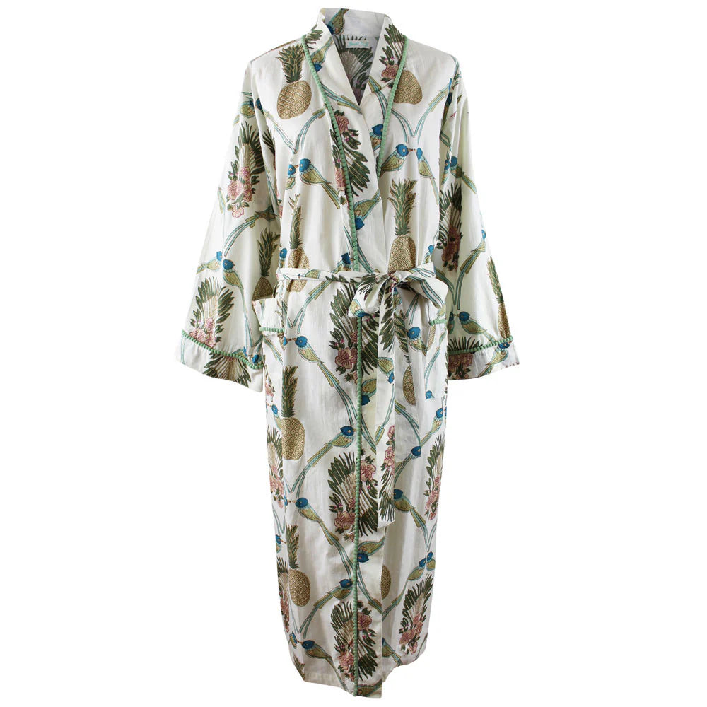 Blue Bird Floral patterned robe on a white background