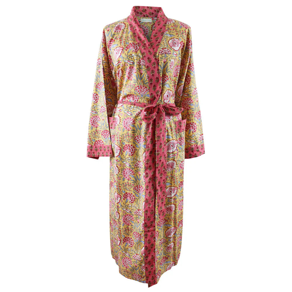 Floral patterned robe with a belt on a white background