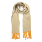 Turquoise winter scarf with yellow tassels.